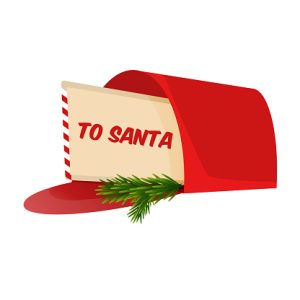 Christmas letter to Santa Claus with personal request message, text and postage stamps.