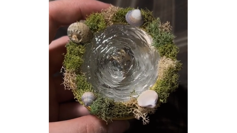 small clear jar with moss and small rocks clued along the rim