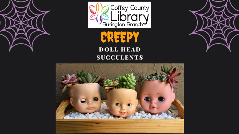 Disembodied doll heads with the scalp removed and filled with dirt and succulent plants.