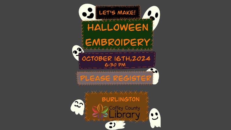 promotional flyer for halloween embroidery at the burlington library