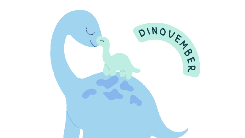 cartoonish adult long-neck dinosaur with a baby long-neck dinosaur on it's back