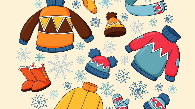 a variety of winter clothing against a background of snowflakes