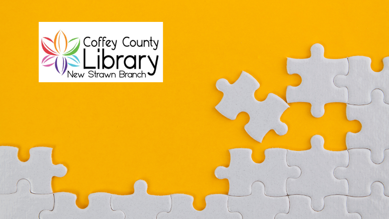 White puzzle pieces on a yellow background with the Coffey County Library-New Strawn Branch logo in the top left corner