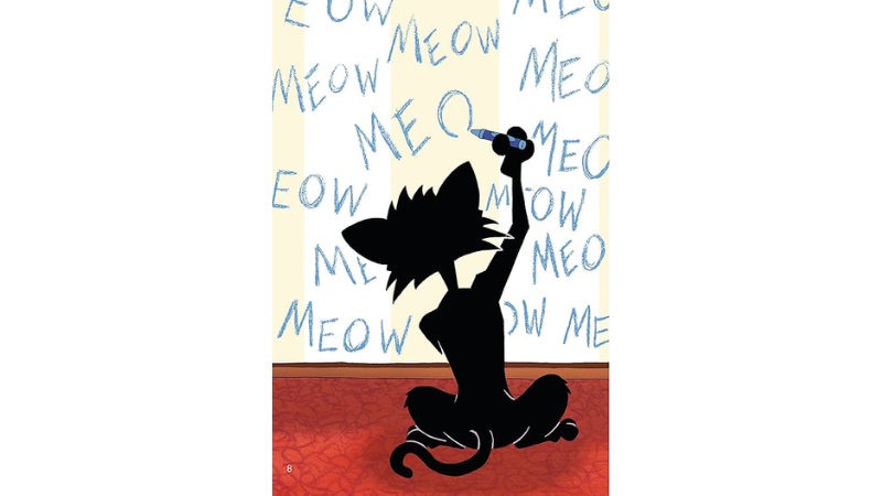 Bad Kitty coloring on a wall with a blue crayon